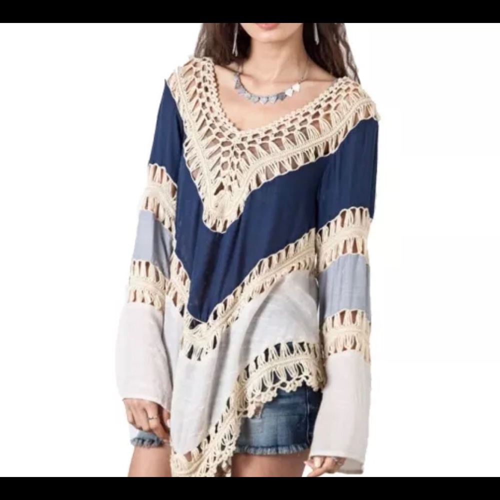 Blue, Tan and White Bohemian Top